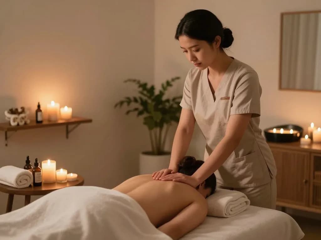 Relaxing 출장안마 session in a serene home spa setting with a skilled therapist.