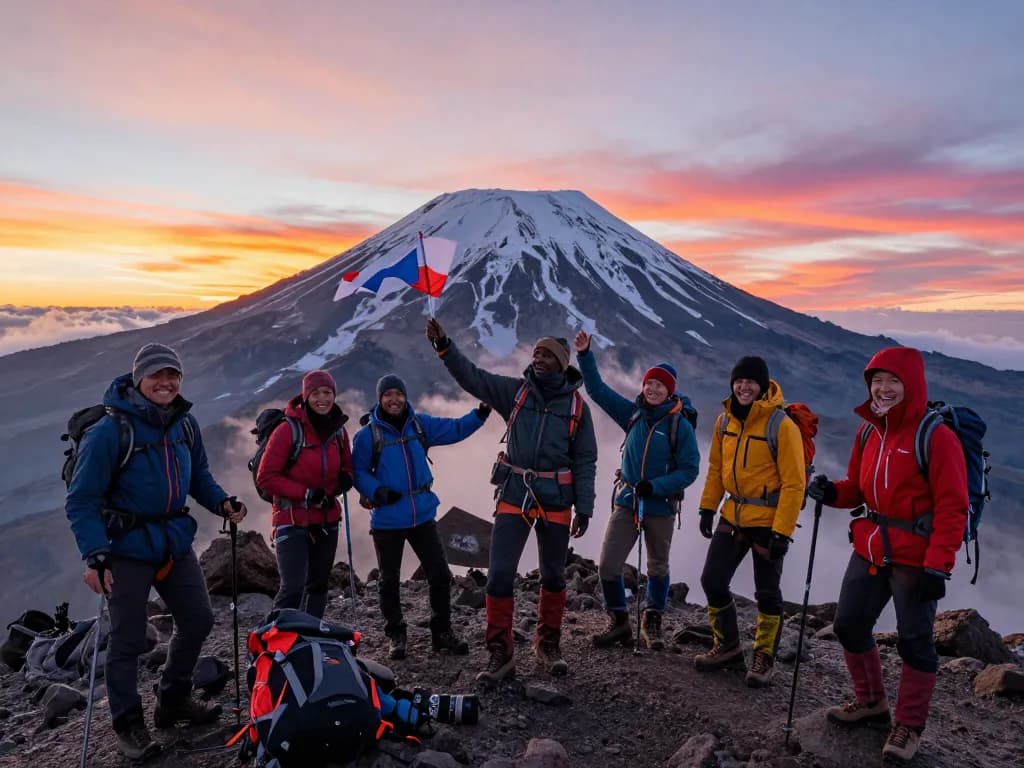 Safari and Kilimanjaro packages adventure scene with climbers at summit, vibrant sunrise in background, showcasing stunning landscapes.