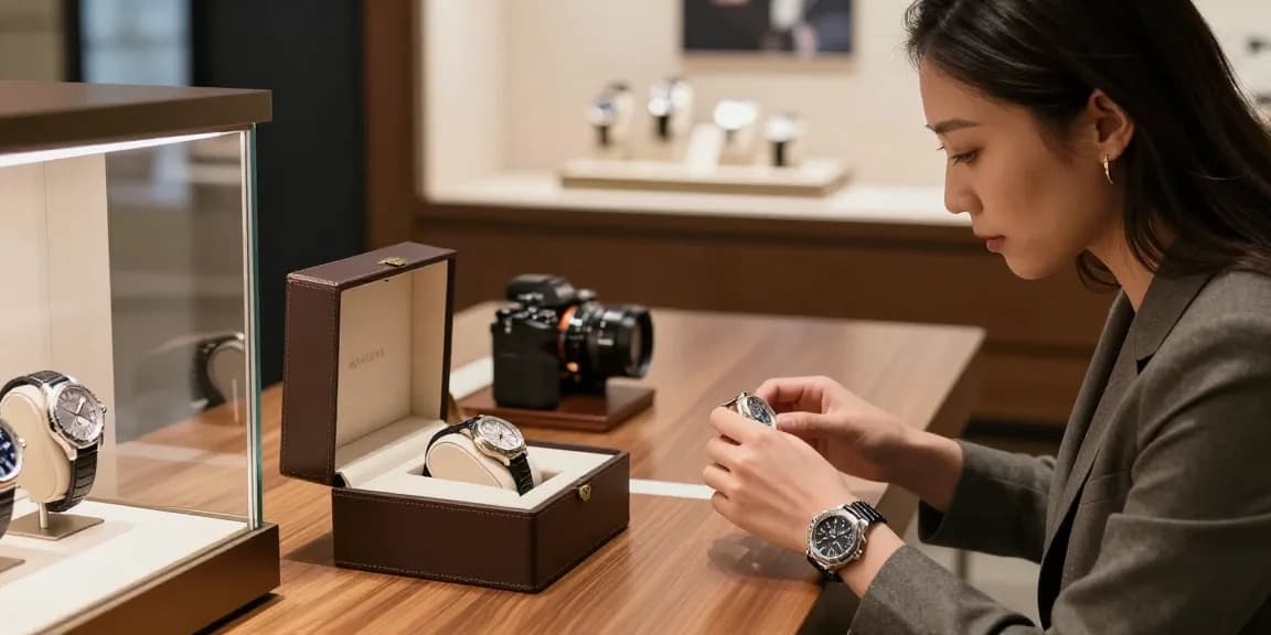 Admiring a premium replica watch in a luxurious boutique showcasing intricate designs and craftsmanship.