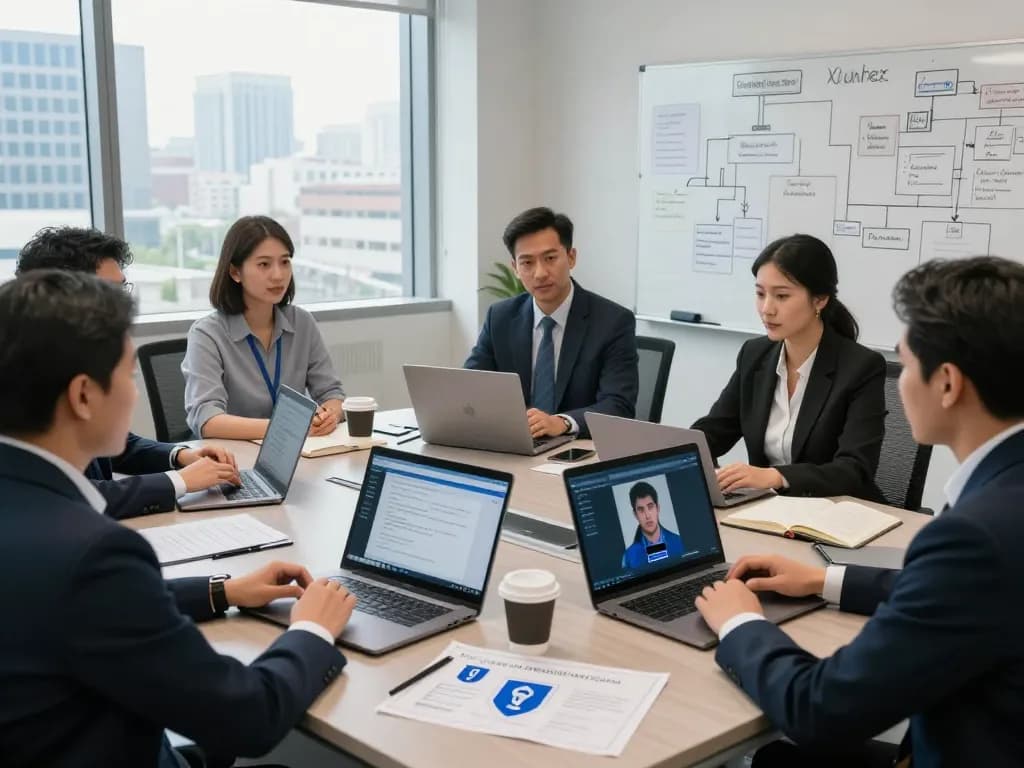 Team strategizing against AI voice fraud in banking with security presentations and collaborative tools.