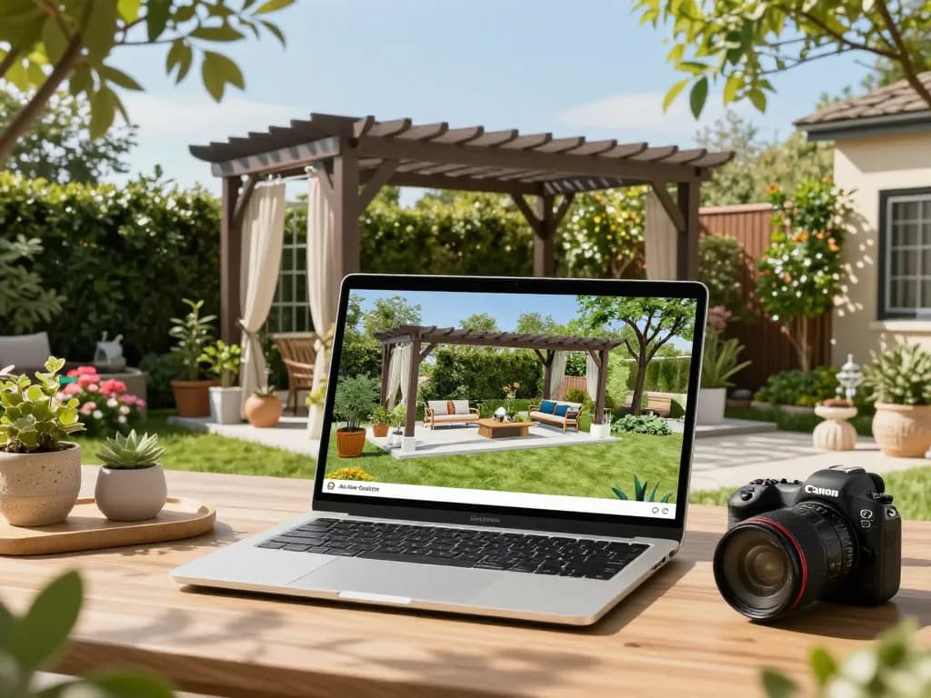 Designer using All-in-One pergola Configurator in a lush garden setting, showcasing 3D model with outdoor decor.
