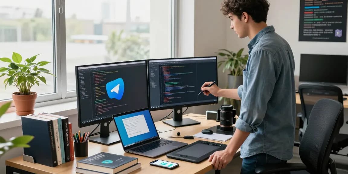 Developer utilizing telegram中文 app in a modern office workspace filled with tech gadgets