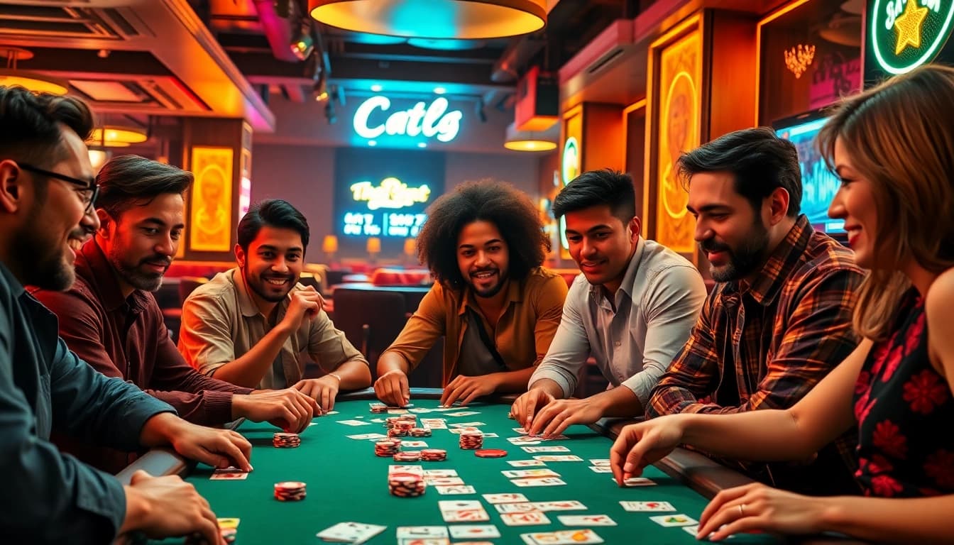 Players enjoying a thrilling game of yono rummy in a vibrant gaming atmosphere.