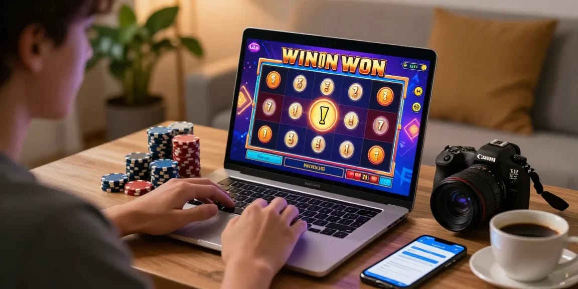 Enjoying a winning moment at situs depo 5rb online slot game, with vibrant graphics and cozy home ambiance.