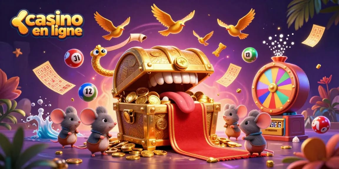 Jouer à des jeux variés sur un casino en ligne avec des trésors et des ballons colorés.