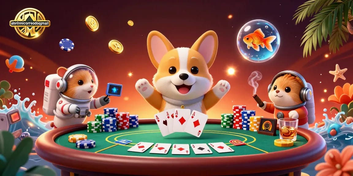 Experience excitement in the gambling universe with abrirmicorreodegmail, featuring a playful corgi and vibrant poker scene.