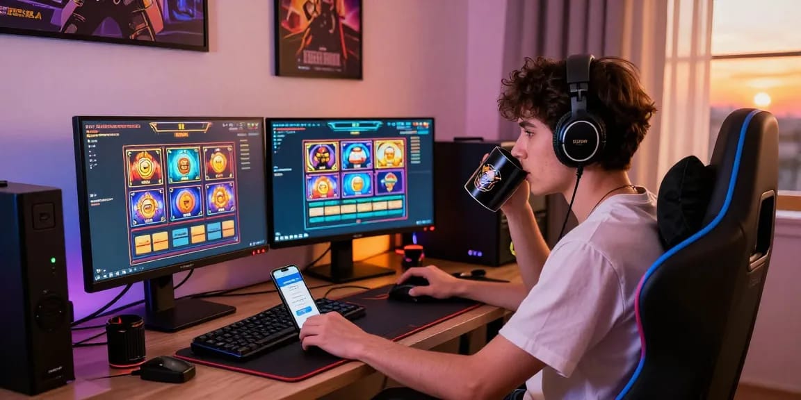 Engaged gamer exploring slot deposit dana options at home gaming setup.