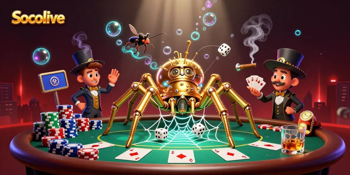 Socolive offers an engaging atmosphere with a golden spider and lively poker scene in a unique illustration.