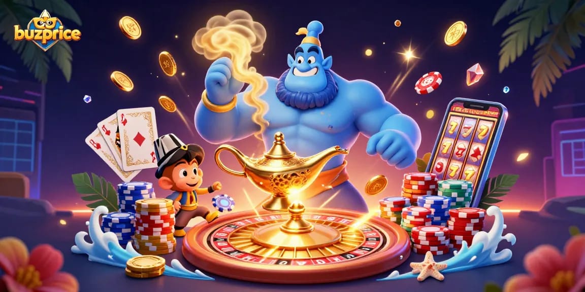 Engage in thrilling casino gameplay with buzprice, featuring a genie, colorful poker chips, and dazzling treasures.