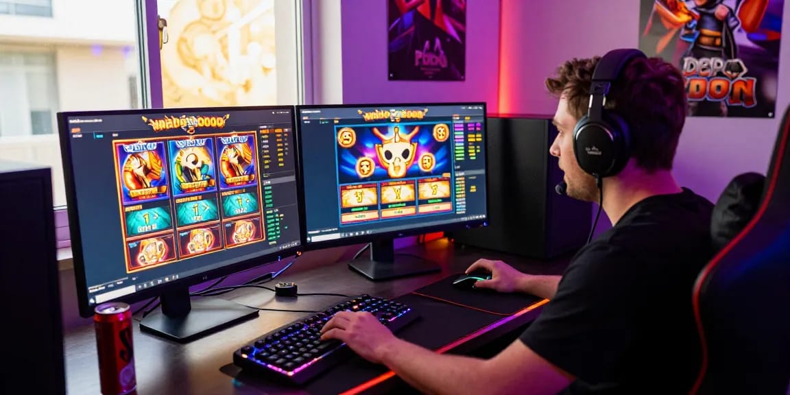 Engaged player enjoying slot depo 5000 games in a vibrant gaming setup.