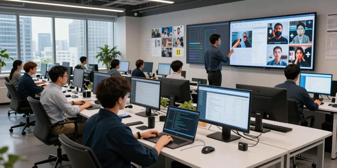 Team collaborating with an ai image detector, analyzing flagged content in a modern tech workspace.