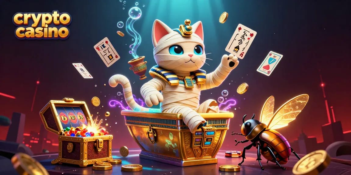 Giocare al crypto casino con una mummia egizia e uno scarabeo in un'illustrazione vibrante.