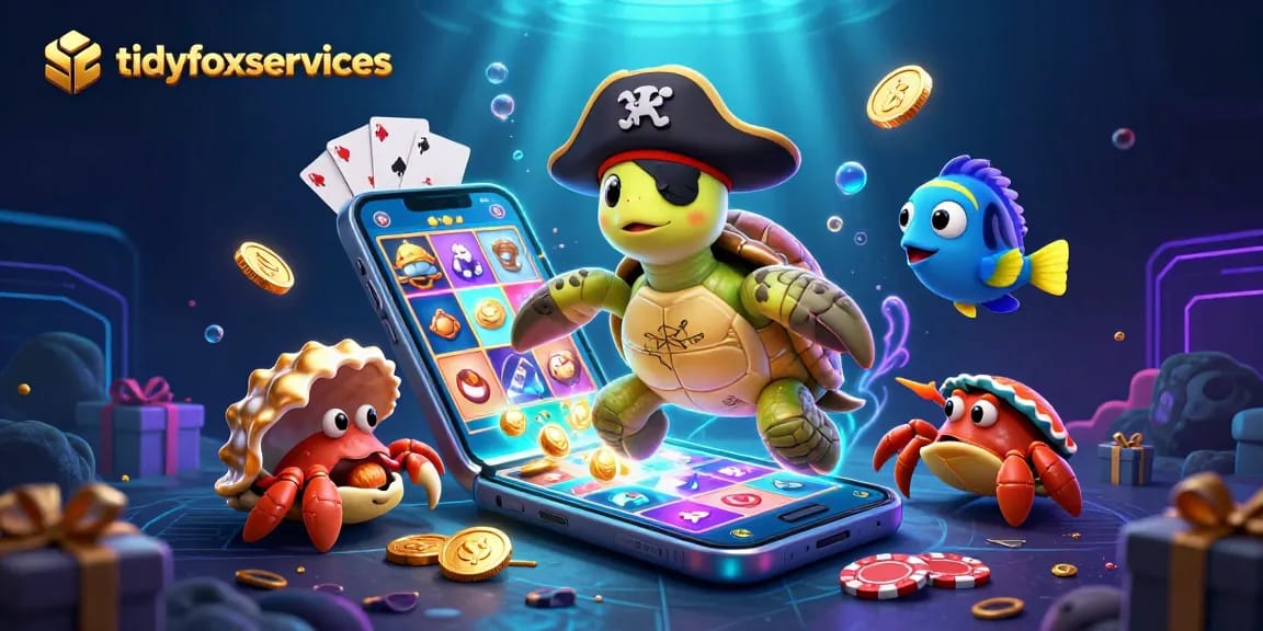 Engage with tidyfoxservices in this vibrant illustration featuring a pirate turtle, hermit crab, and parrotfish amidst colorful casino elements.