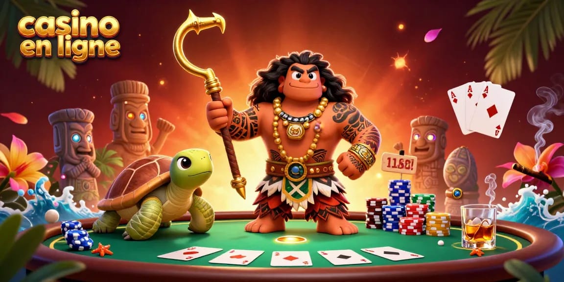 Plongez dans le monde captivant du casino en ligne avec des personnages colorés entourés de jeux de poker et d'éléments festifs.
