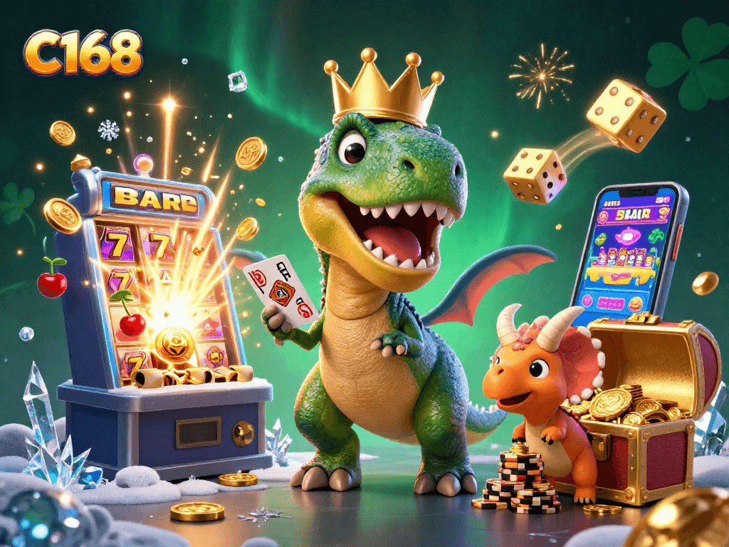 C168 offers a vibrant casino experience with a cartoon T-Rex shuffling cards and winning jackpot coins.