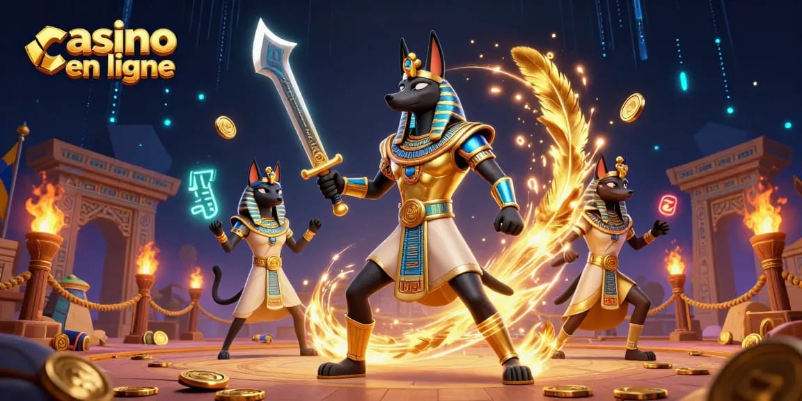 Gagnez à casino en ligne avec Anubis et Bastet dans une scène dynamique et colorée.