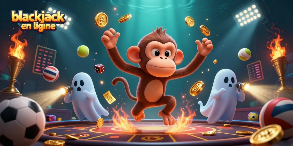 Profitez de l’excitation du blackjack en ligne avec cette illustration dynamique de personnages captivants et d'éléments de jeu.