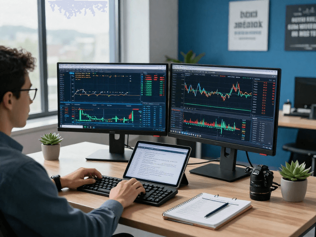 Engaging workspace depicting a trader's setup using metatrader 5 with dual monitors and market analysis tools.