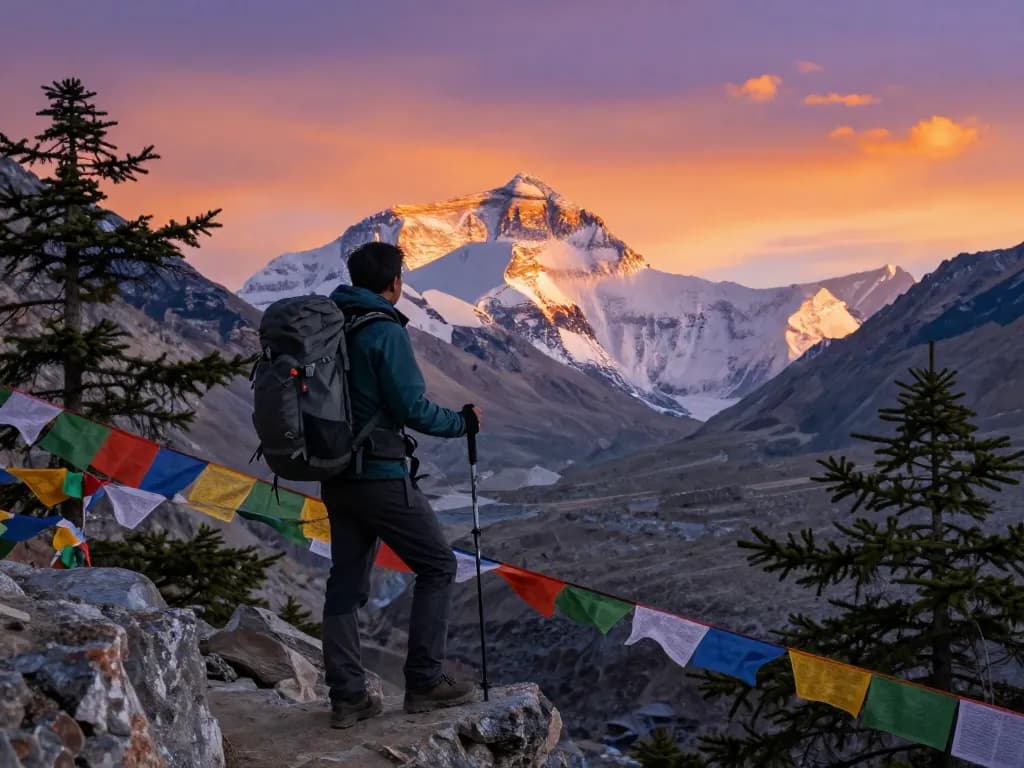 Stunning view of Everest Base Camp Heli Trek at sunrise, traveler admiring the scene with trekking gear and prayer flags.