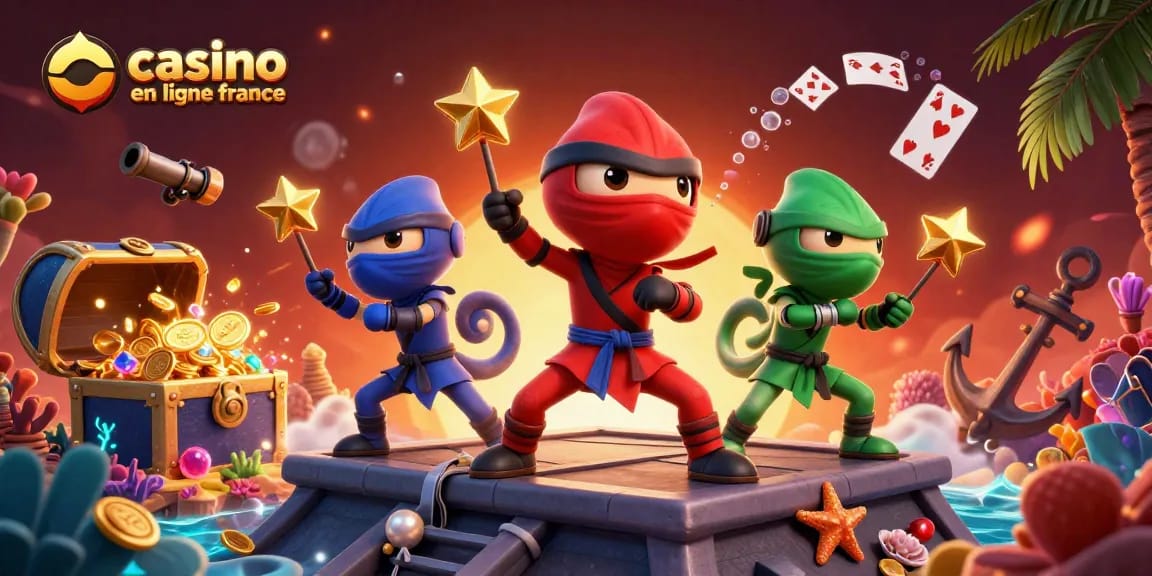 Casino en ligne France : équipe de caméléons ninjas avec des éléments de jeu captivants