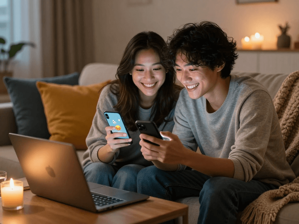 Couple using sexting AI on their smartphones in a cozy setting.