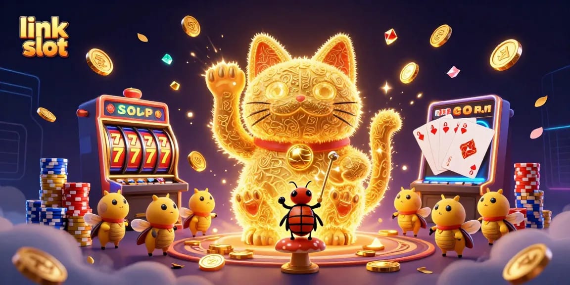 Experience excitement with link slot as golden fireflies form a lucky cat in a vibrant casino scene.