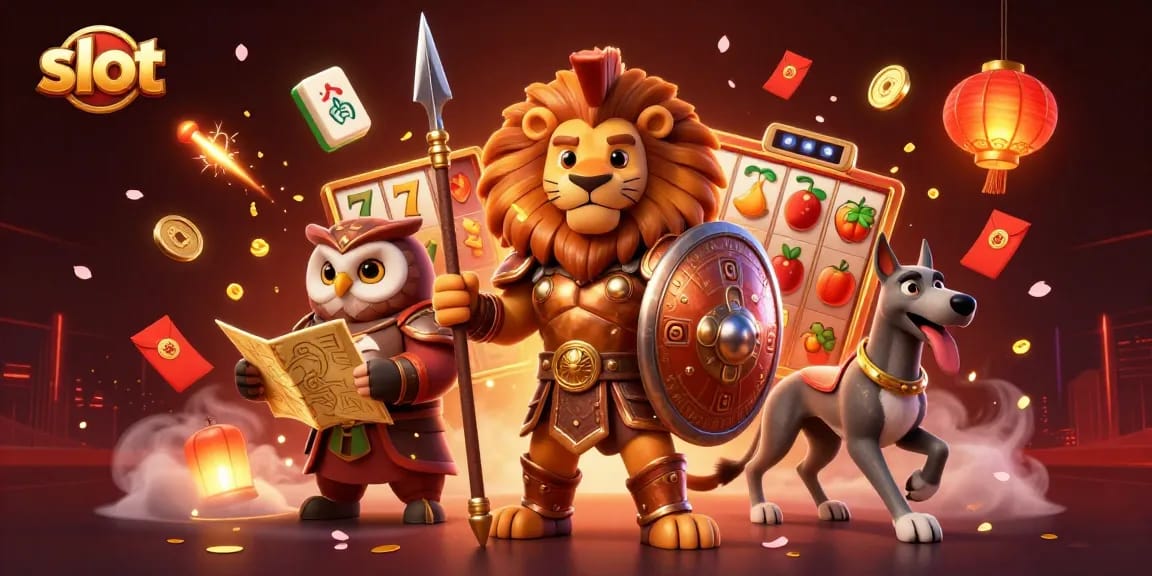 Engage with exciting slot gameplay showcased by a Spartan lion, wise owl, and swift greyhound surrounded by rich casino elements.