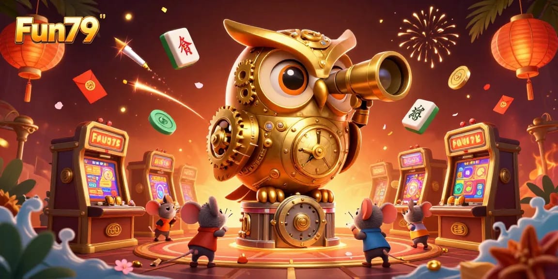 Players enjoy thrilling games at Fun79, with a dynamic casino atmosphere illuminated by vibrant decorations.