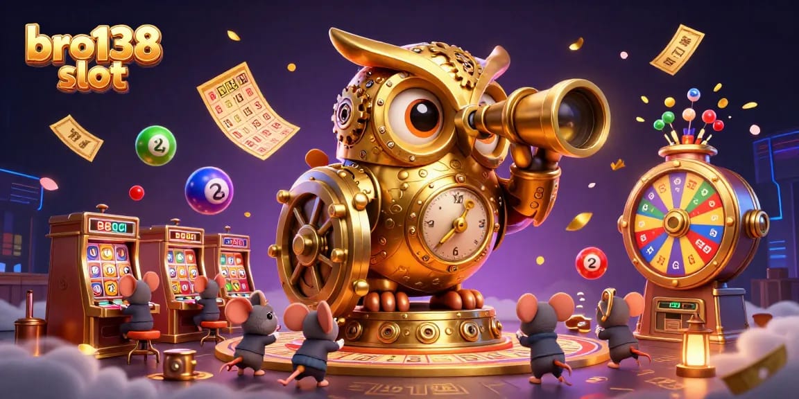 Spin to win at bro138 slot, featuring whimsical characters on a colorful casino floor.