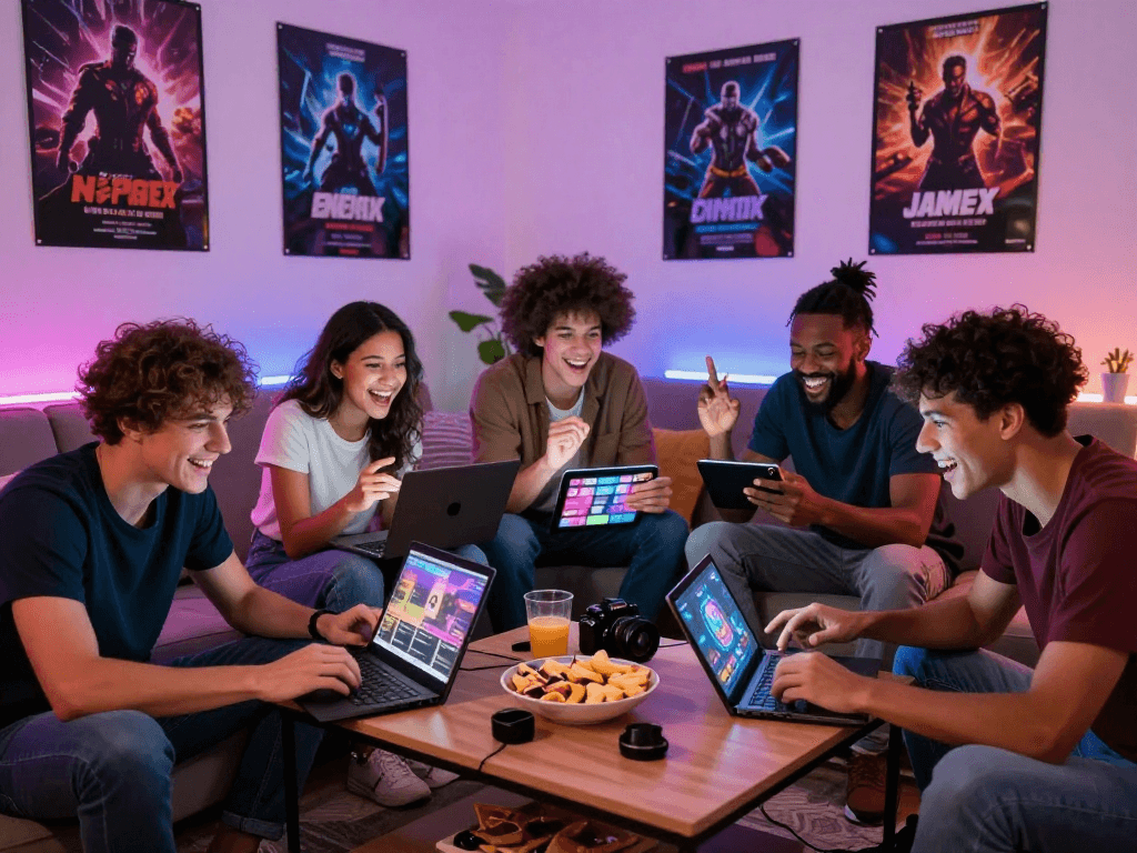 Group of friends enjoying sex games together on various devices in a cozy living room.