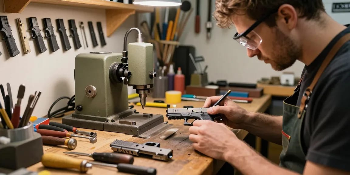 Gunsmith crafting customized Glock slides at precision workshop - https://precisionglockslides.com