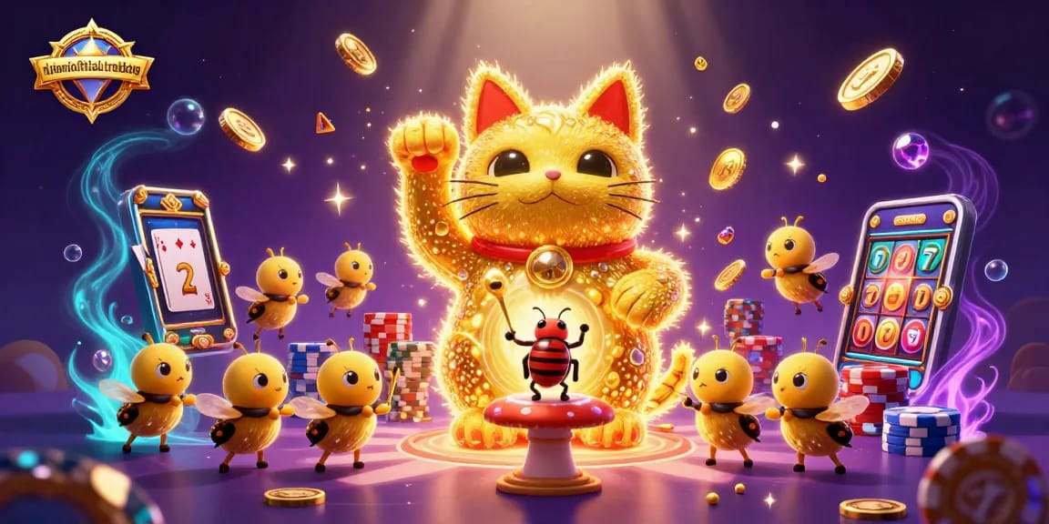 Experience big wins with rinjaniofficialtrekking as a lucky cat surrounded by golden coins and vibrant gaming elements.