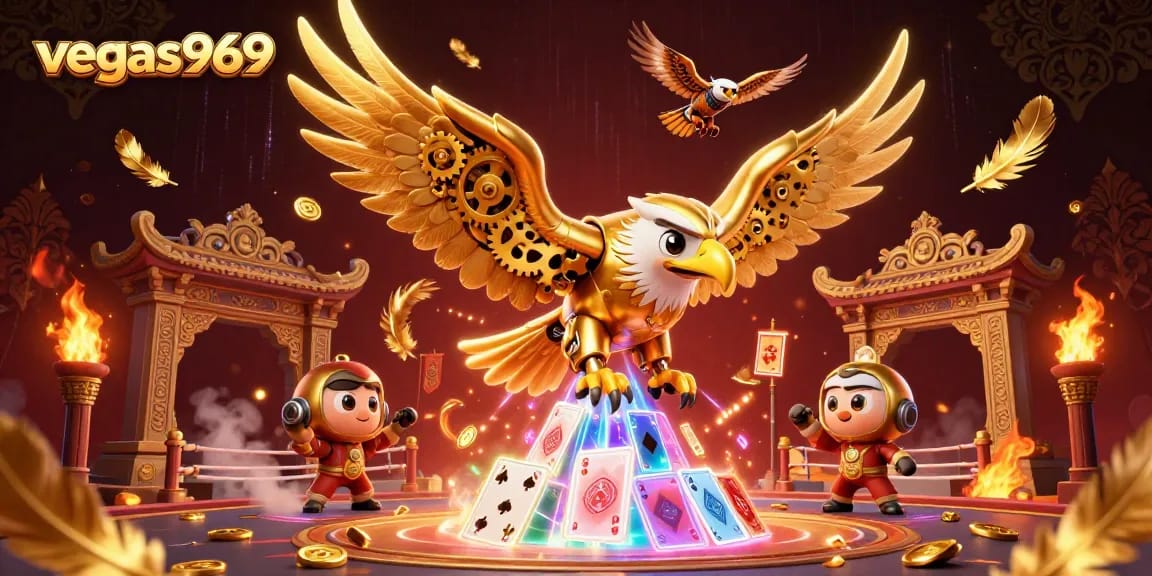 Experience high-stakes action with vegas969, featuring a cybernetic eagle and dynamic gaming elements.