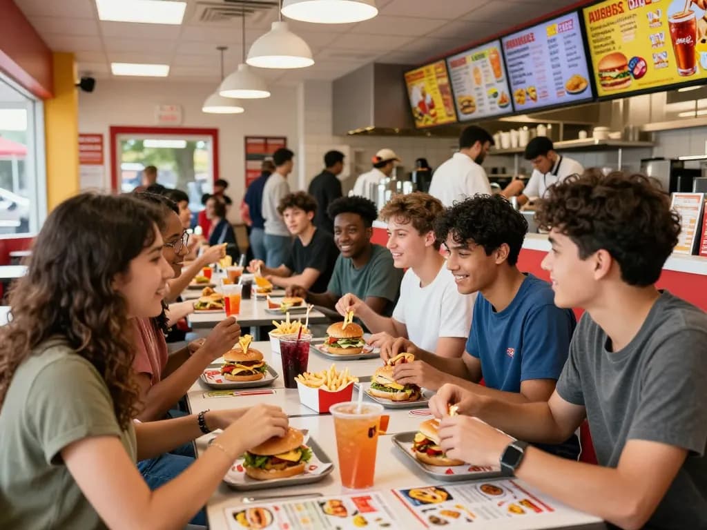Group enjoying diverse fast food meals highlighting fast food prices in a bustling restaurant