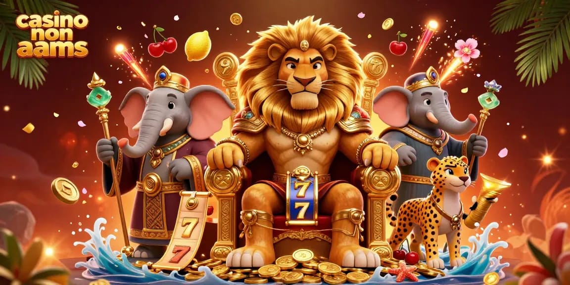 Scopri i migliori casino non AAMS con un'immagine di un leone re e elementi di gioco affascinanti.