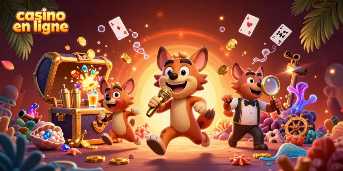 Casino en ligne cartoon avec humoristes hyènes et éléments de jeux colorés.