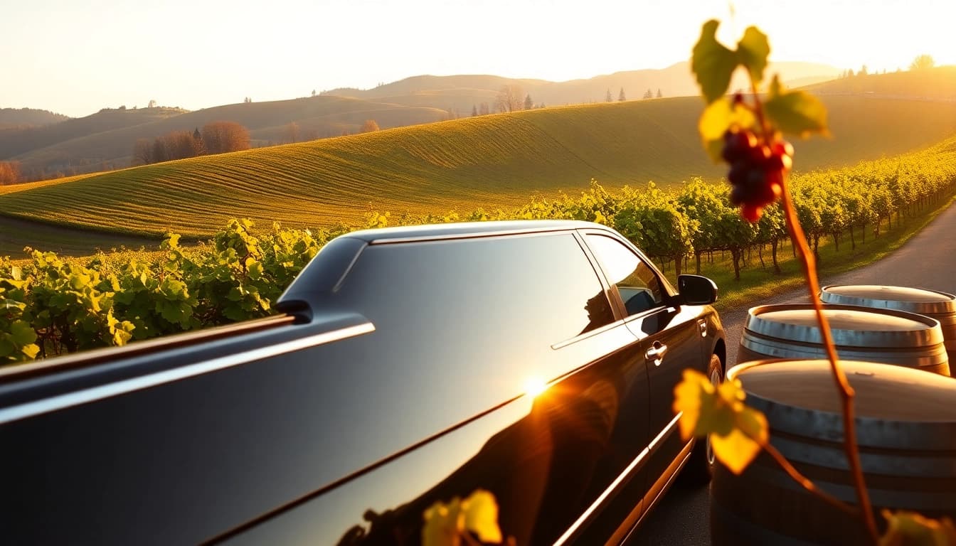 Experience lavish langley wine tours in a luxurious limo set against scenic vineyards.
