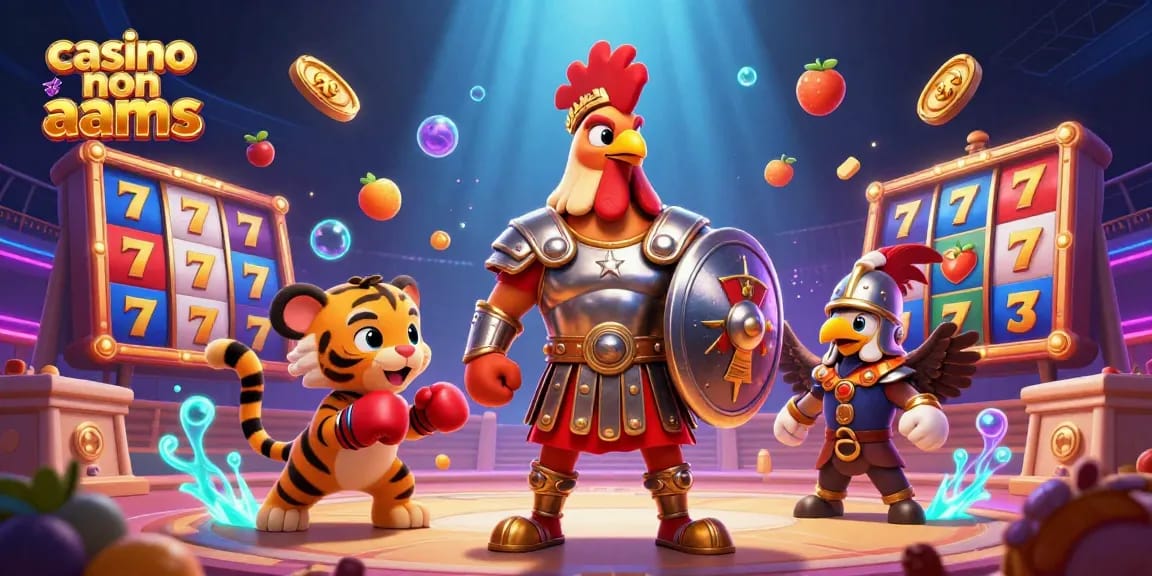Giocando nei migliori casino non AAMS, un gallo gladiatore e un tigrotto si sfidano in un'arena.