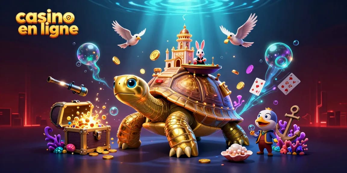 Jouez au casino en ligne avec une tortue géante et un croupier en direct dans une illustration animée.