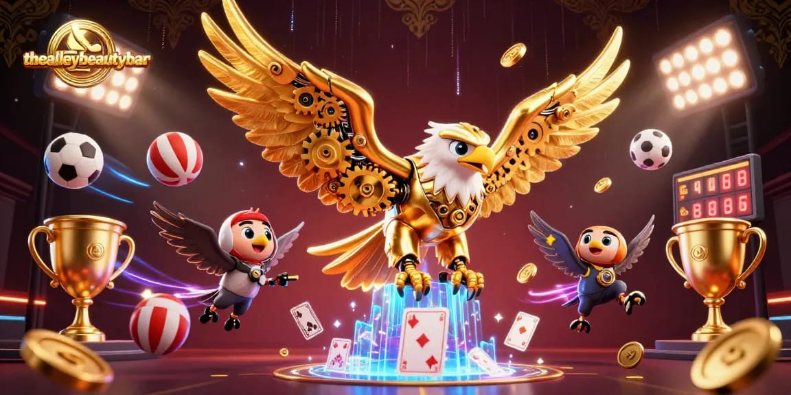 Dynamic action featuring thealleybeautybar brand with a 3D cybernetic eagle amid holographic playing cards and sports elements.