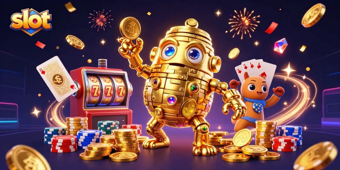 Spin the reels of slot machines with golden golem and sparkling riches in this vibrant 3D casino scene.