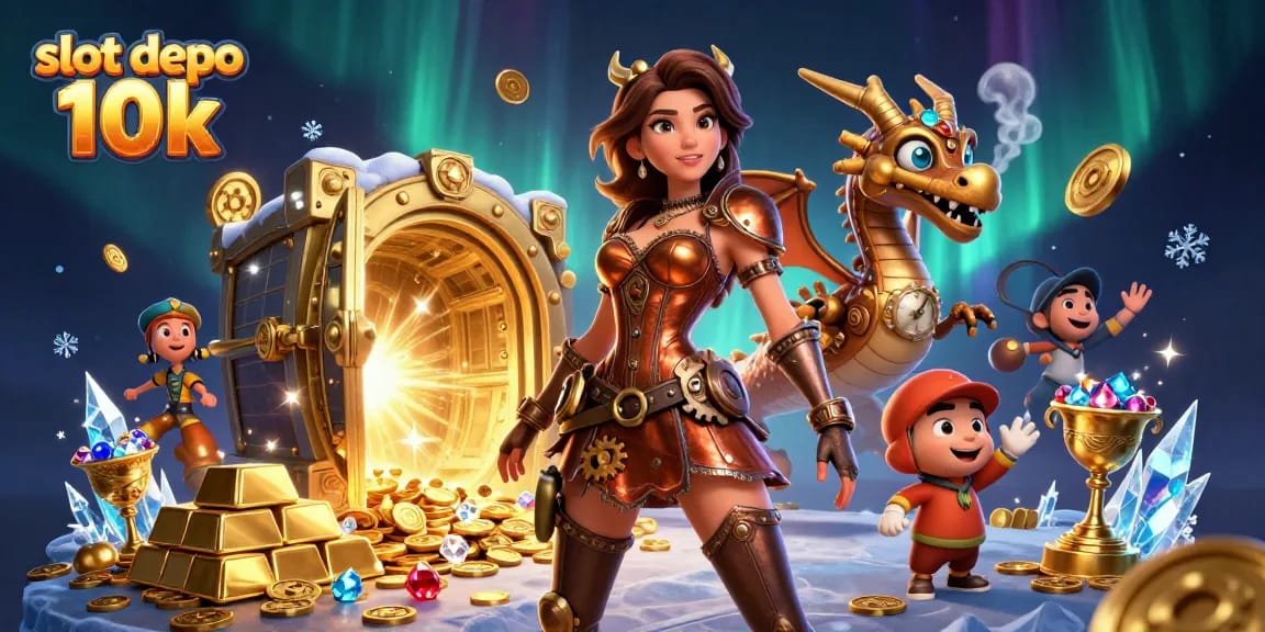 Engage with exciting slot depo 10k gaming experiences in a thrilling 3D illustrated casino scene.