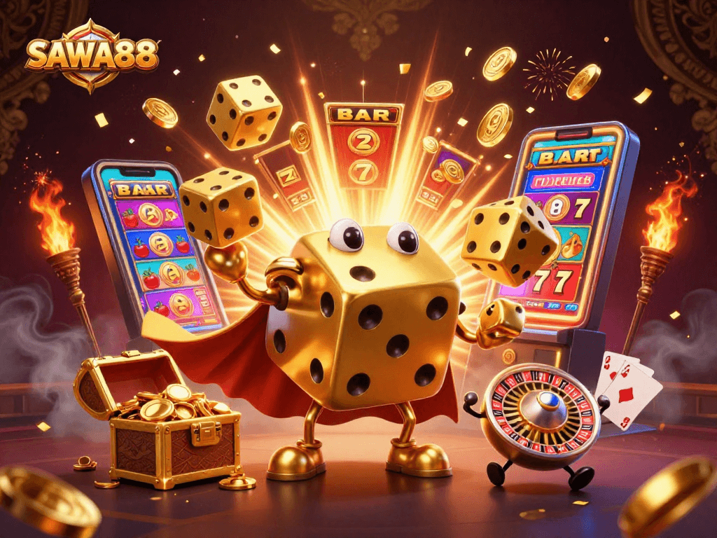 Experience the excitement of SAWA888 with dynamic golden dice, vibrant jackpots, and colorful casino elements.