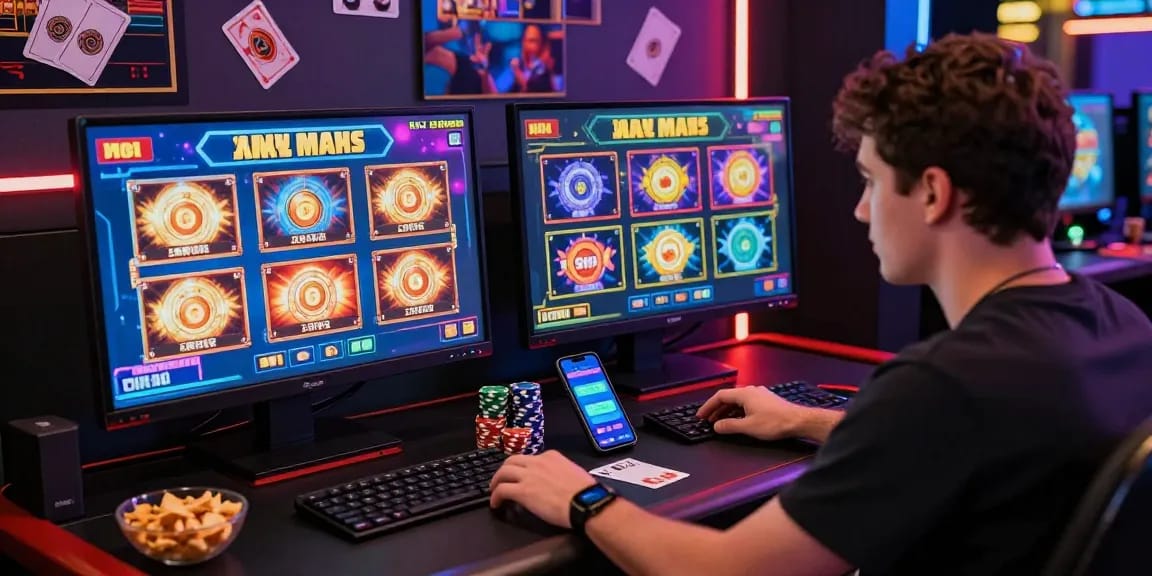 Player engaging with slot games on dual monitors in a vibrant online gambling setting.