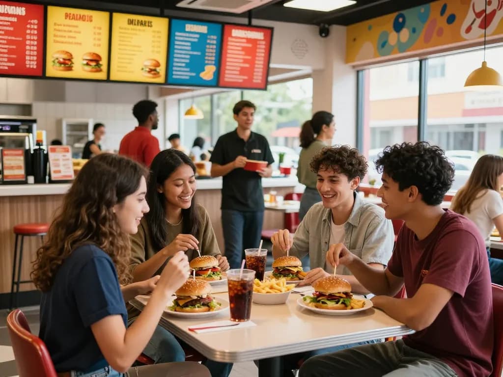 Friends enjoying fast food prices at a colorful restaurant table.