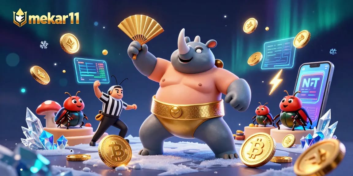 Bet on mekar11 with a powerful sumo champion beetle amidst flying coins and vibrant crypto elements.