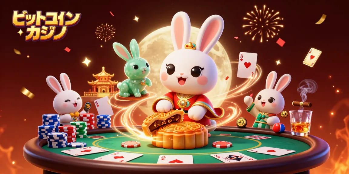 ビットコインカジノで楽しむ3Dの月のウサギが黄金の月餅を叩き割り、その中からポーカーのチップが現れるシーン