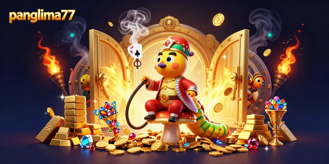 Panglima77 players enjoying a vibrant 3D-themed casino illustration filled with treasures and excitement.