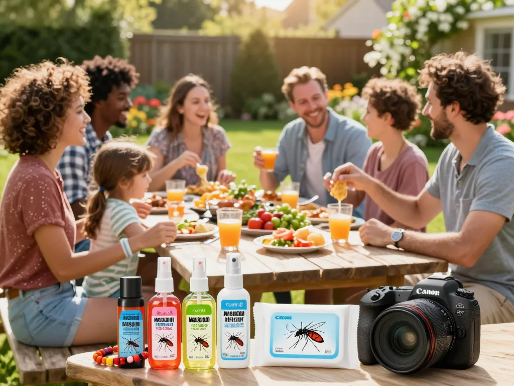 Group of friends using the best mosquito repellent during a summer barbecue, showcasing various repellent products in a lively outdoor setting.