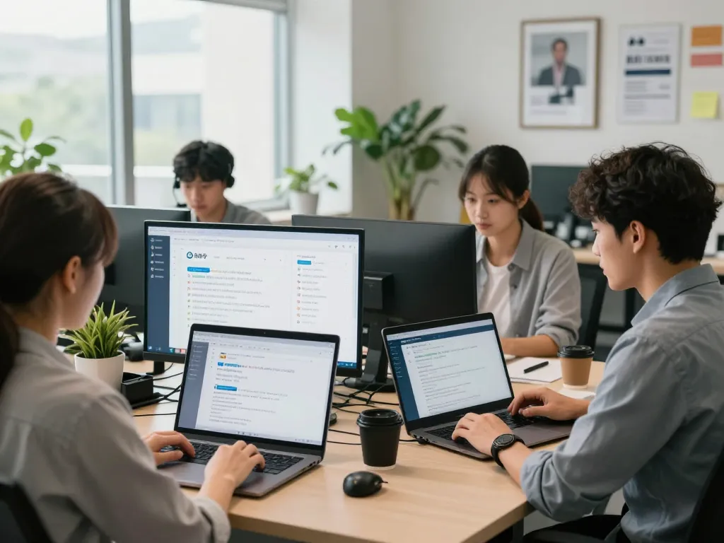 多语言支持团队在现代办公室中使用易翻译软件进行实时翻译的合作场景。